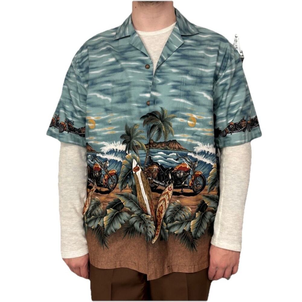 Vintage Hawaiian Button Down Shirt Motorcycle Surf
